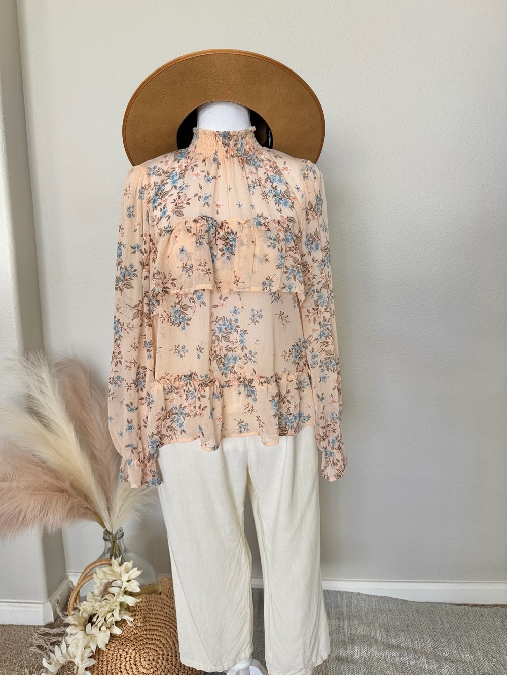 Floral Ruffle High-Neck Blouse - Peach/Blue